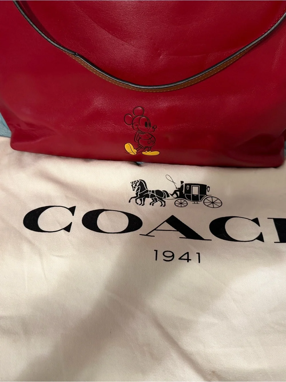 Coach Red Leather Tote with Mickey Charm